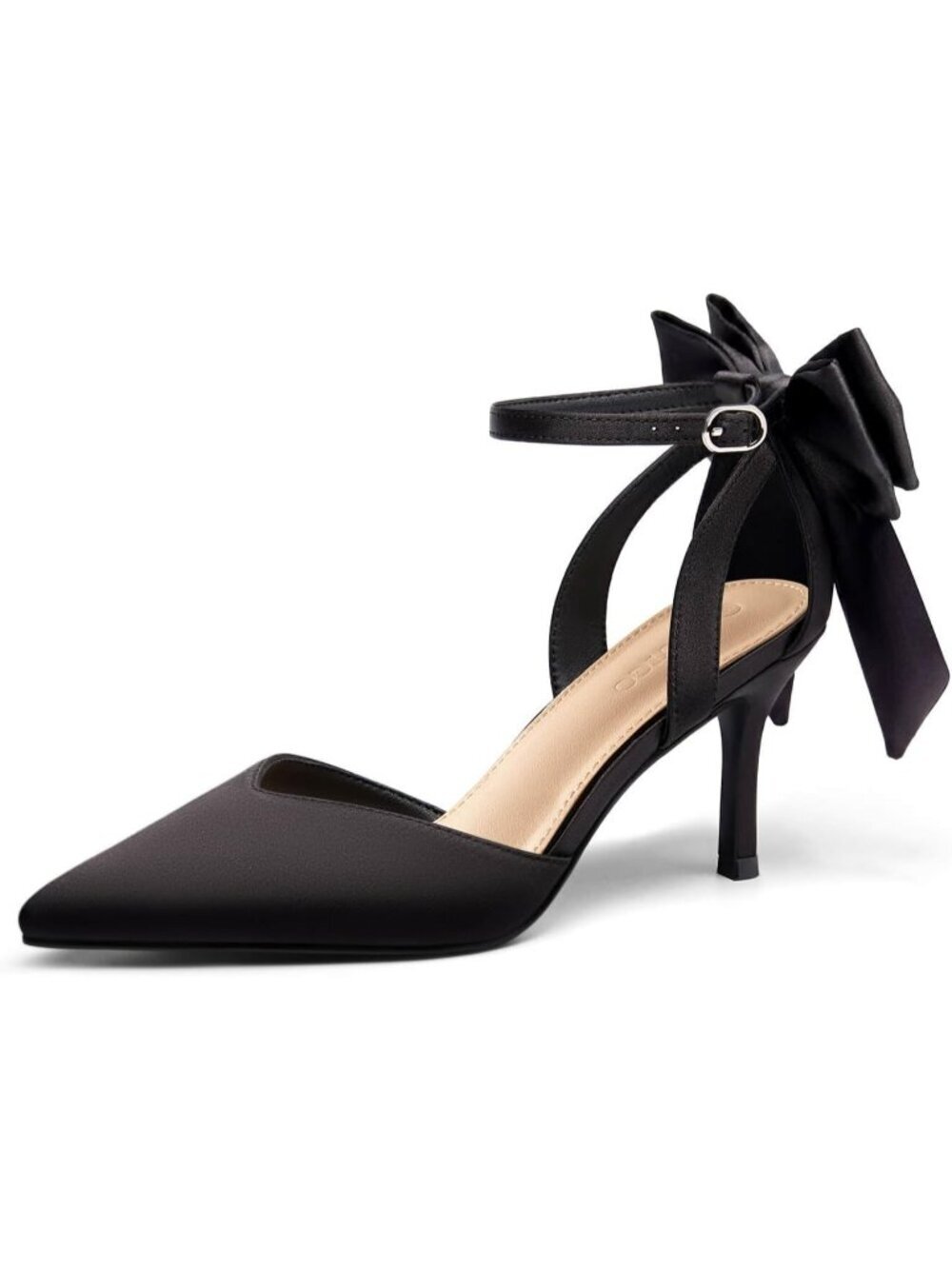 Women's Black Closed Pointed Toe Pumps Bow Ankle Strap Kitten Wedding Heels Shoe